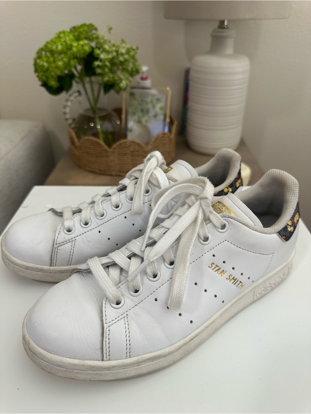 adidas Stan Smith Leather Sneakers with Floral Heel Tab
